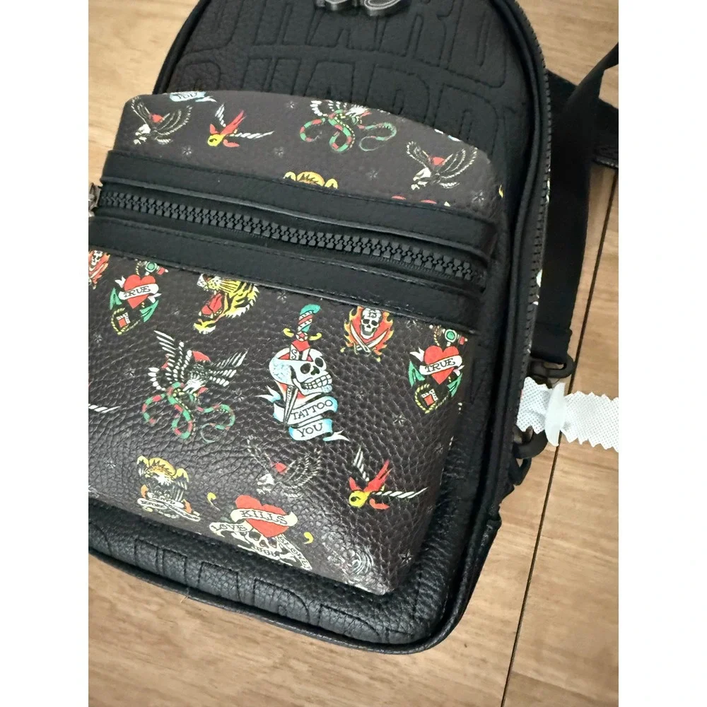Ed Hardy Black Multi Tattoo Print Sling Bag Backpack Crossbody New NWT